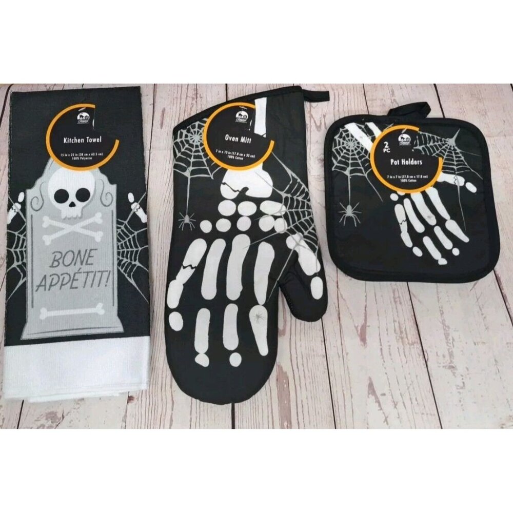 4pc Halloween Spooky Skeleton Spider Web Tombstone Pot Holders, Oven Mitt, Towel